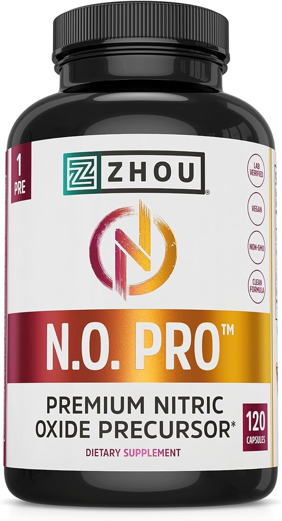 Zhou N.O. Pro - Premium Nitric Oxide Supplement for Men & Women, Heart, Muscle & Blood Support with Beet Root & L Arginine, Natural Nitric Oxide Booster - 120 Veggie Capsules