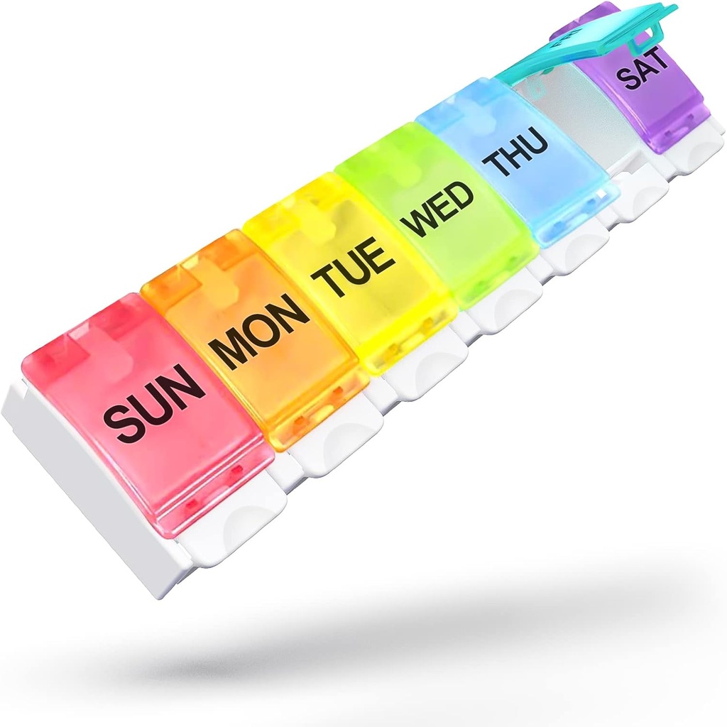 Sukuos gran organizador semanal de píldoras 7 días, caja de píldoras diarias con fácil empuje caja de píldoras portátiles para la medicina/Vitamin/Fish Oil/Supplements, Medication Holder (Rainbow)