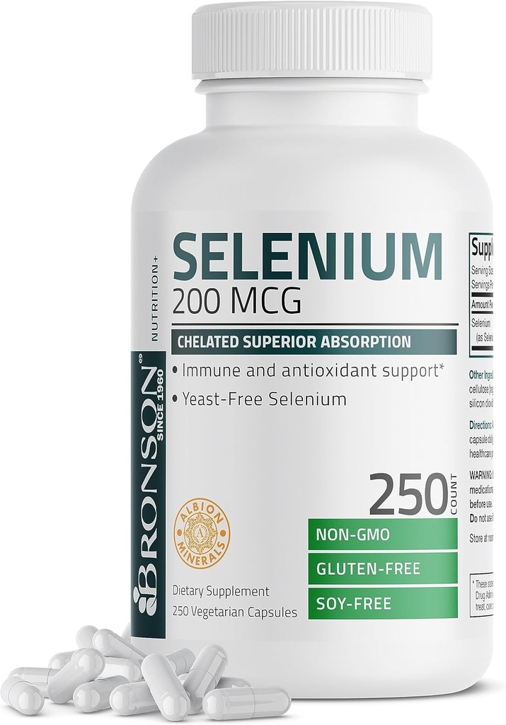 Bronson Selenium 200 mcg – Complejo de Aminoácidos Sin Levadura - Mineral de Traza Esencial con Absorción Superior, 250 cápsulas vegetarianas