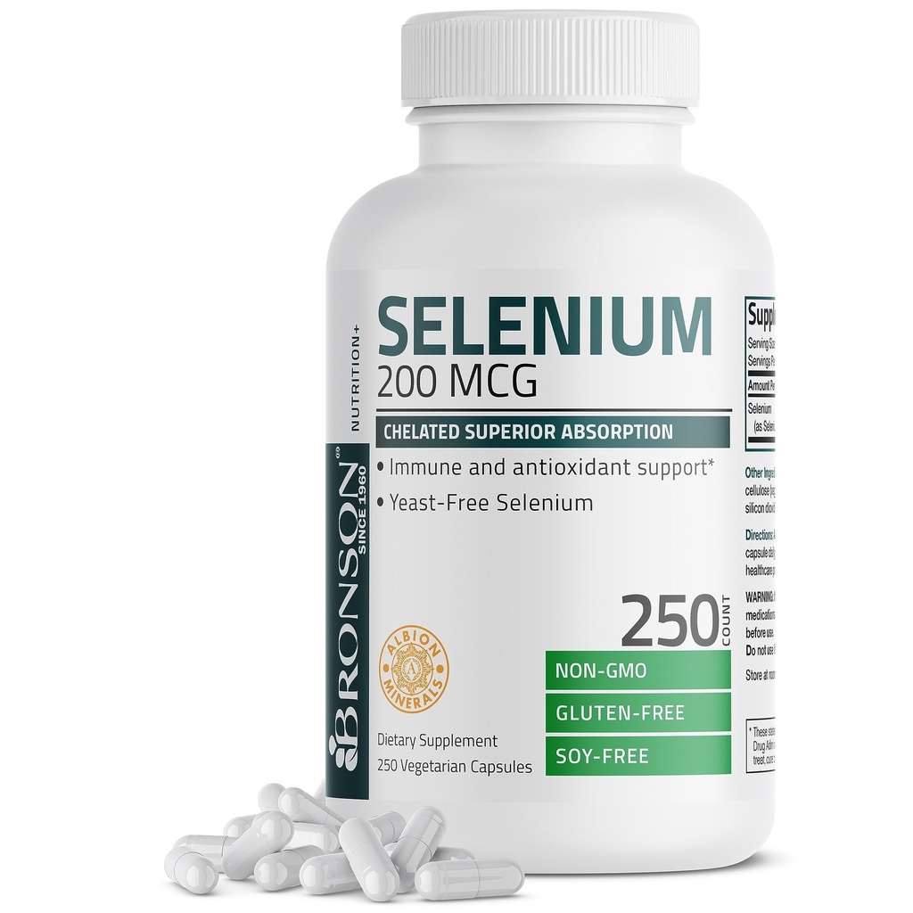 Bronson Selenium 200 mcg – Yeast Free Chelated Amino Acid Complex - Essential Trace Mineral with Superior Absorption, 250 Vegetarian Capsules