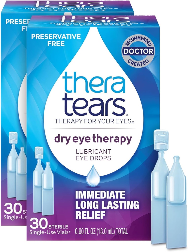 TheraTears Dry Eye Therapy Eye Drops for Dry Eyes, Preservative Free, 30 Vials, 2 Pack