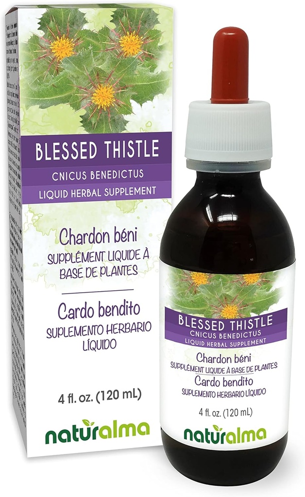 Naturalma Blessed Thistle or Holy Thistle (Cnicus benedictus) herb with Flowers Alcohol-Free Tincture - 4 fl oz Liquid Extract in Drops - Herbal Supplement - Vegan