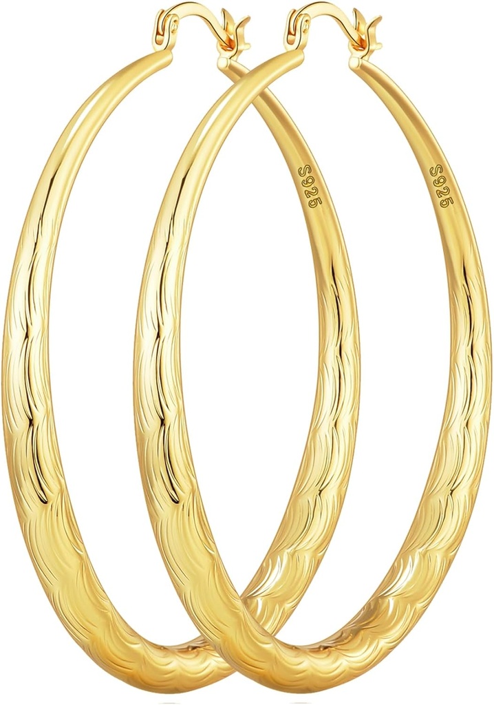 OOOPEL 925 Sterling Silver Hoop for Women Gold Hoop Earrings Hypoallergenic Diamond-Cut Ripples Designed - Pendientes de gran aro sin tapices(30/40/50/60/70mm)