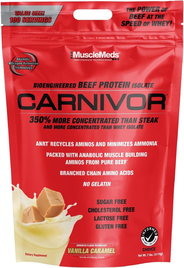 MuscleMeds Carnivor Beef Protein Isolate, 0 Lactose, 0 Sugar, 0 Fat, 0 Cholesterol, Halal Certified, Vanilla Caramel, 7 Lb, 100 Servings