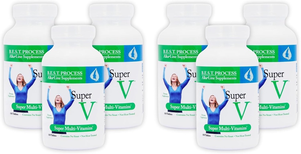 SuperV (6 Pack) Best Process AlkaIine — Energizing " Detoxifying Multivitamin — Vitaminas " Minerals with Digestive Enzymes, Superfoods and Herbs