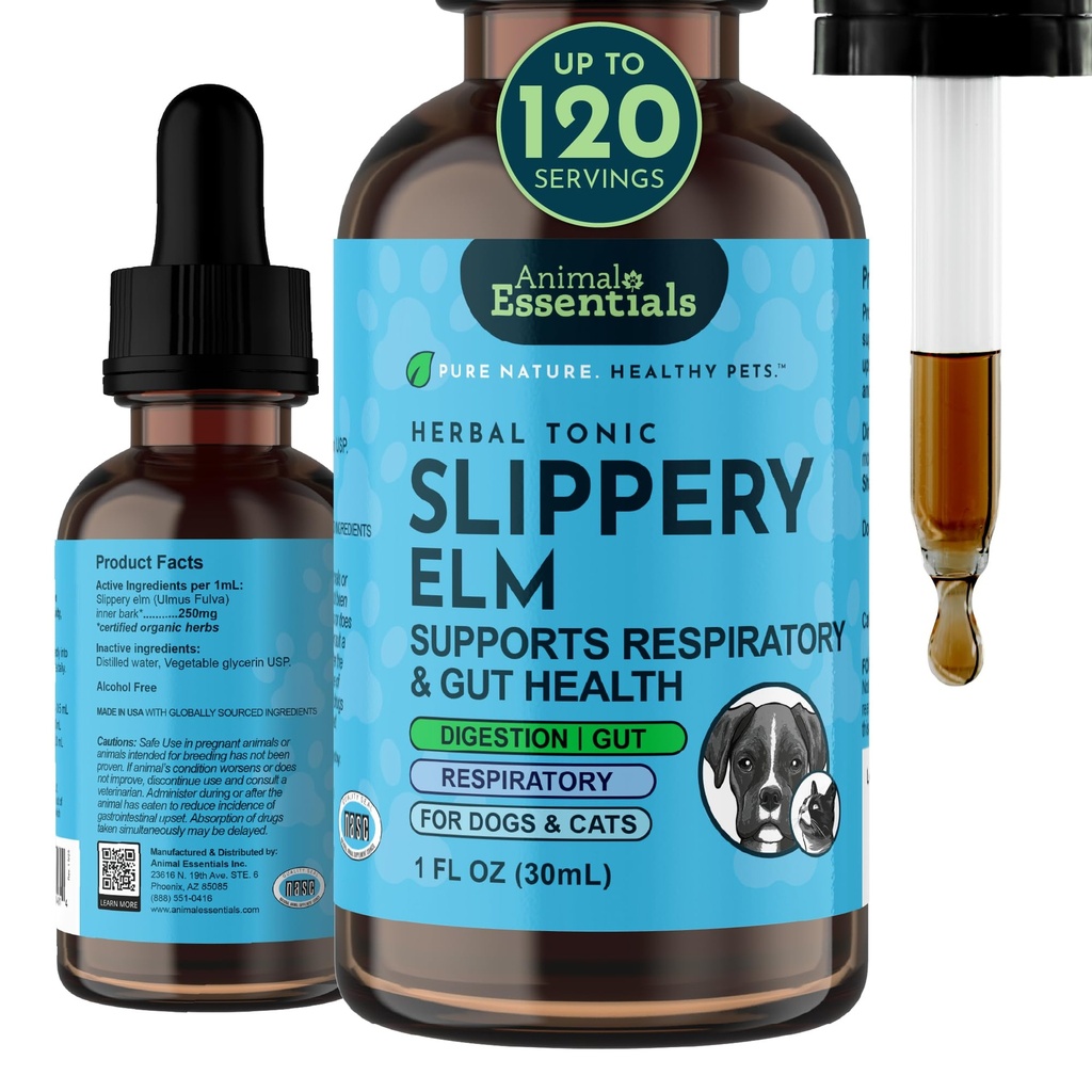 Animal Essentials Slippery Elm - Resbaladiza Elm Bark Anti Diarrea gotas para perros y gatos, Extracto Hierba Ecológico para Gut Saludable, Digestivo " Throat Support, Ayuda Acid Reflux, Liquid Formula- 1 fl oz