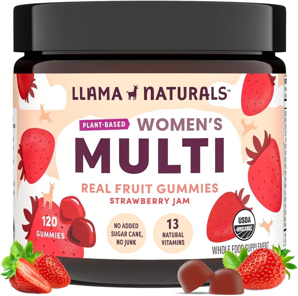 Llama Naturals Multivitamínico para Mujeres, Vegan, Gummies Orgánicas con Vitamina D, C y K, Femenino de Frutas Reales Vitaminas, Suplemento Multivitamínico Chewable, No Añadido caña de azúcar, Fresa, 120 Ct