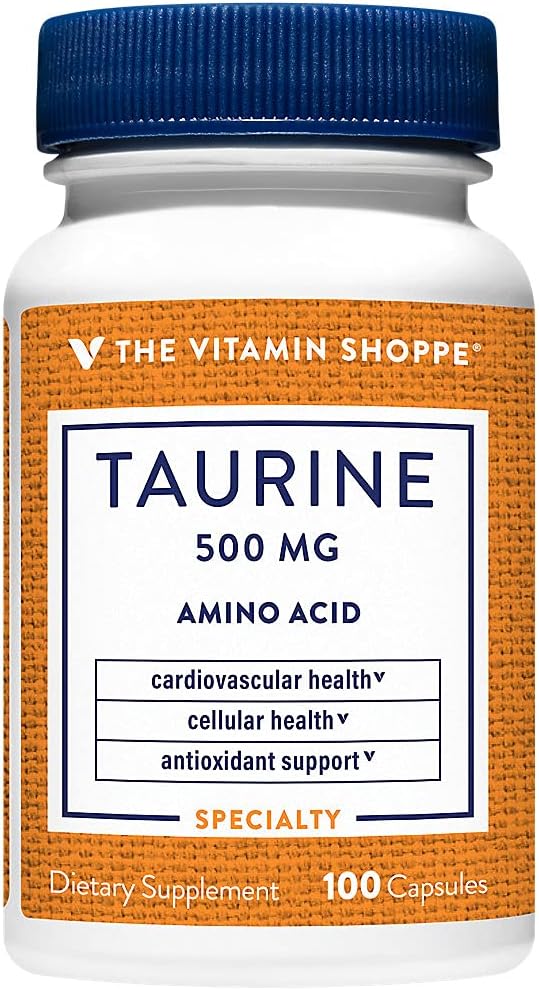 La Vitamina Shoppe Taurine 500MG, Aminoácidos de Forma Libre, Antioxidante que soporta la salud celular y cardiovascular con vitamina B6, Cerebro y Memoria (100 cápsulas)