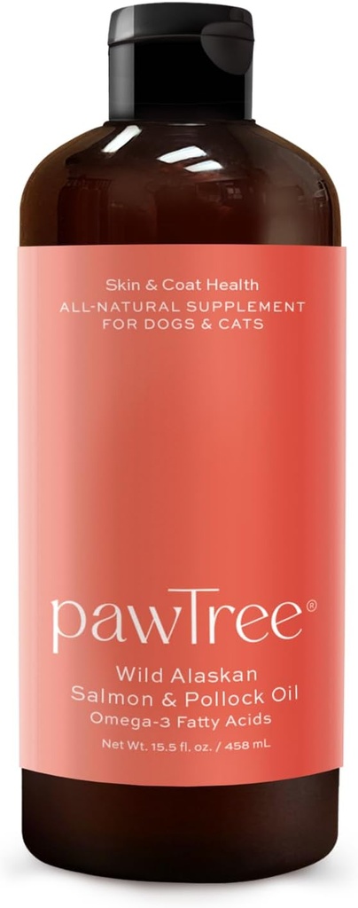 pawTree Salmon Oil-Dog y Cat Fish Oil Suplemento-Ideal para el control excesivo de la ropa, alergias estacionales, alivio de la picazón, piel seca e irritada. Con más de 15 ácidos grasos Omega-3 saludables para el corazón.