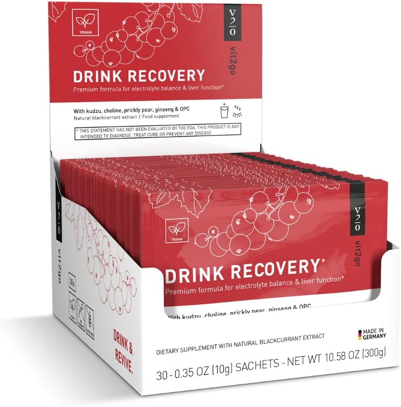 Electrolitos de recuperación de bebidas Polvo con vitaminas, paquetes de electrolitos veganos para la hidratación " Detox hígado, sabor negro (30 Sachets)