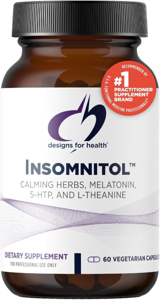 Diseños para Capsules Insomnitol de Salud - Ayuda de sueño para adultos con Melatonina, L-Theanine + 5-HTP - Hierbas calmantes Valerian, Lemon Balm + Paionflower - Vegan + Suplemento de sueño no GMO (60 cápsulas)