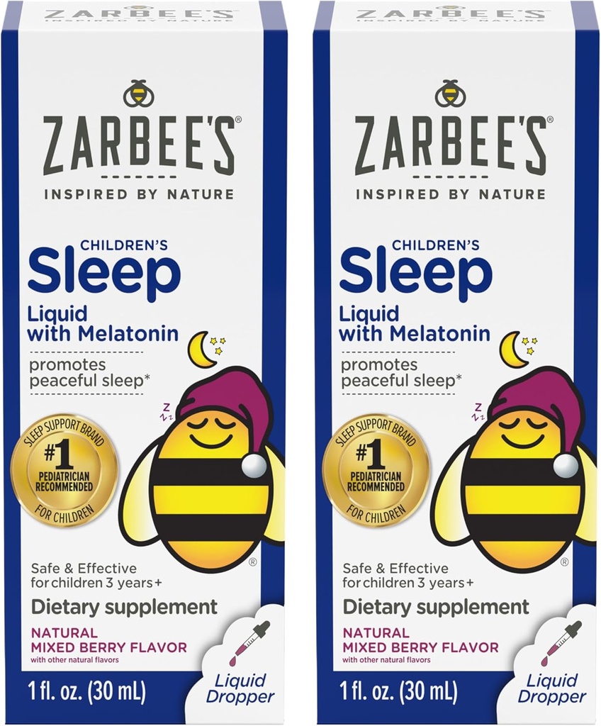 Zarbee's Kids Sleep Supplement Liquid with 1mg Melatonin; Drug-Free &amp; Effective; Easy to Take Natural Berry Flavor for Children Ages 3 and Up; 1 Fl Oz Bottles, Pack of 2