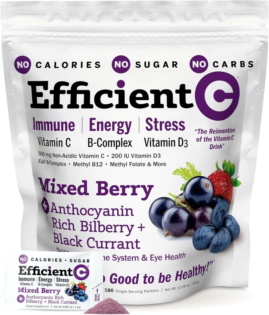 ANDREW LESSMAN Efficient C Mixed Berry 180 Packets - Immune, Energy, Stress and Eye Health Support. Invención de la bebida de vitamina C. Sin calorías. No Sugar. Sin carbohidratos. Fácil de mezclar.