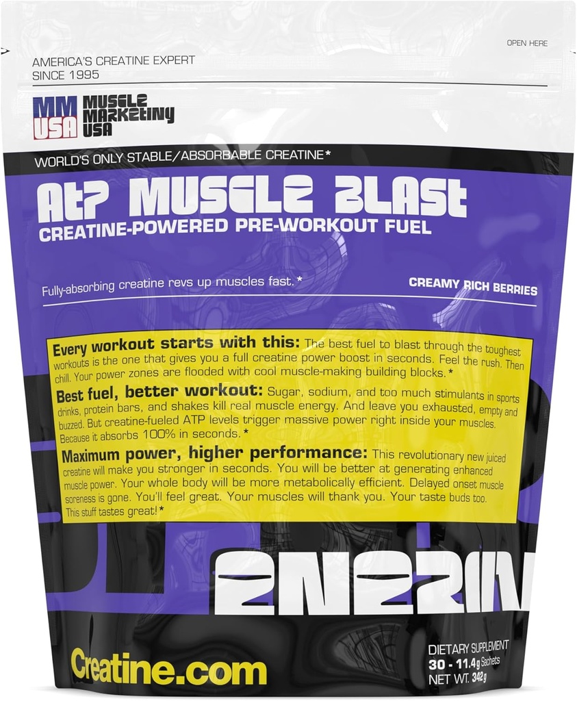 MMUSA ATP Muscle Blast: World's Only Stable Creatine Energy Drink. Absorción instantánea. Boost inmediato para la creación de cuerpo intenso, deportes de resistencia. Entrenar más duro, Recover más rápido. 30 sachets, 11.4g cada uno