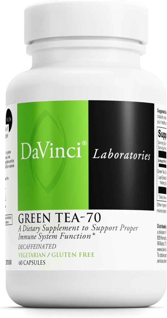 DaVinci Labs Green Tea-70 - Dietary Supplement to Support the Immune System, Cardiovascular Health and Cholesterol Health - With Green Tea Extract - Decaffeinated - Gluten-Free -60 Vegetarian Capsules