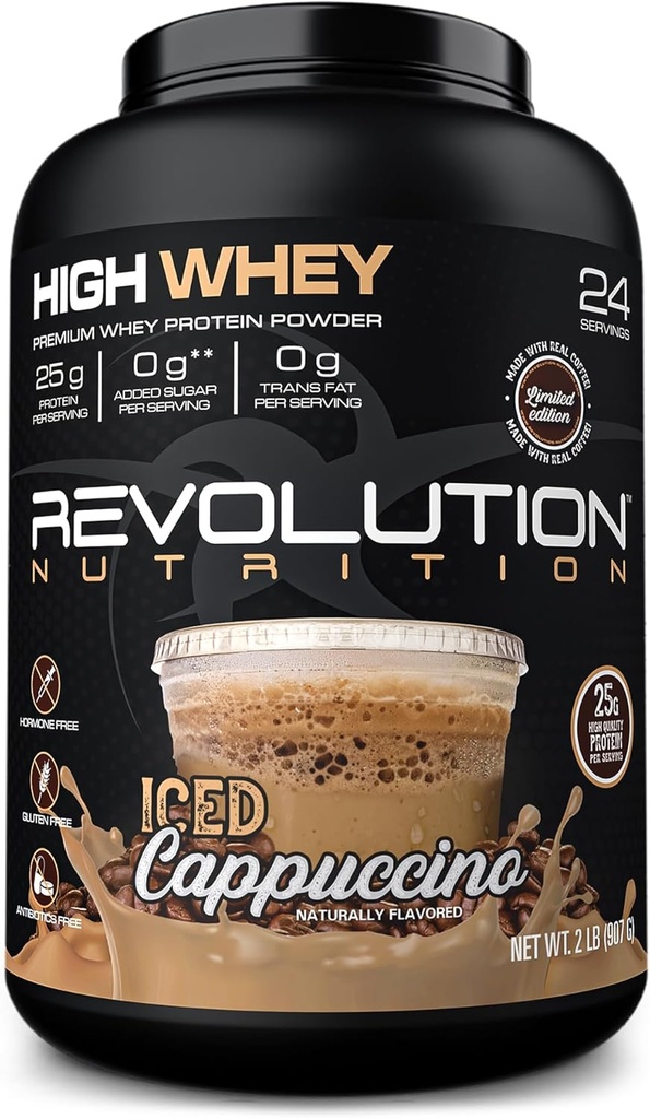 Revolution Nutrition, High Whey, Protein Powder 2LB, Whey Isolate, Gluten Free, Lean Muscle Mass for Men &amp; Women, 25g of Protein Per Scoop, 908 g, 24 Servings (Iced Cappuccino, 2 libras)