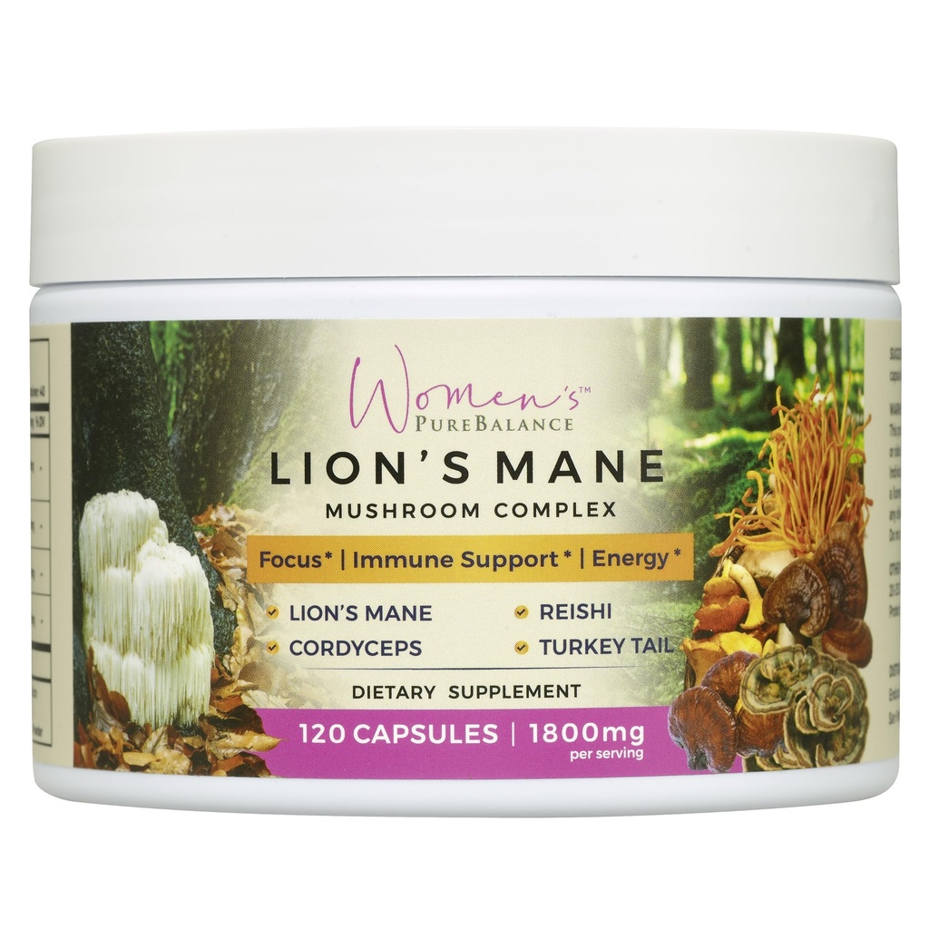 Suplemento Mane Mushroom de Mujer PureBalance Lion Capsules con Reishi, Cordyceps, Turquía Tail – Brain Nootropic for Memory, Focus, Natural Energy, & Immune Support, Non-GMO (120 cápsulas)