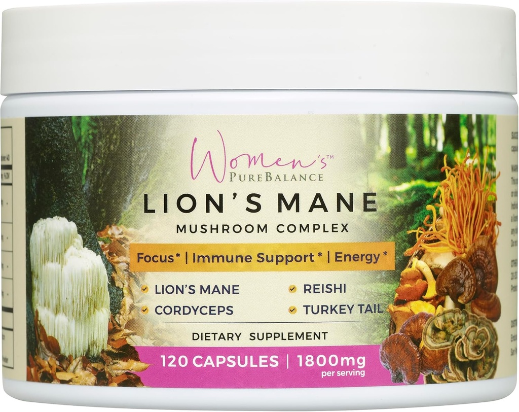 Suplemento Mane Mushroom de Mujer PureBalance Lion Capsules con Reishi, Cordyceps, Turquía Tail – Brain Nootropic for Memory, Focus, Natural Energy, & Immune Support, Non-GMO (120 cápsulas)