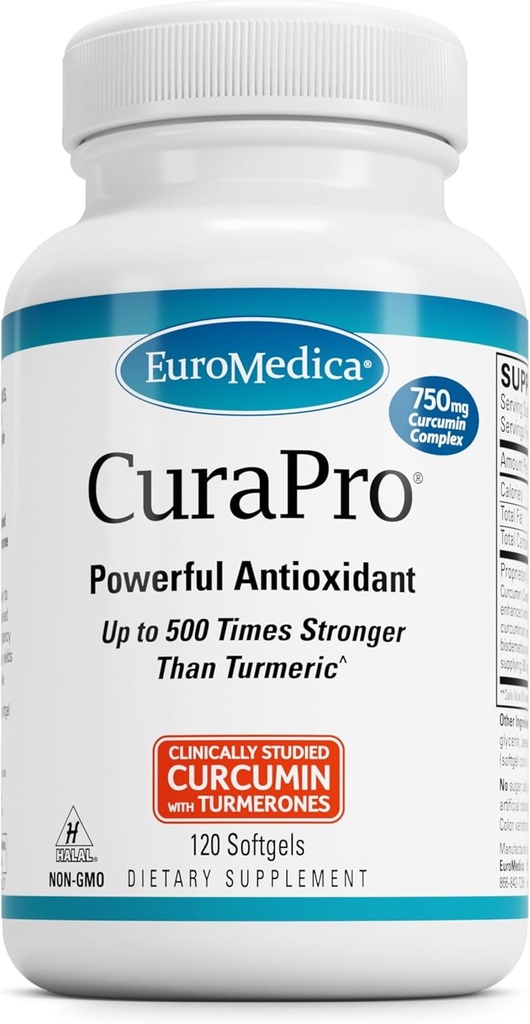 EuroMedica CuraPro - Suplemento Antioxidante para la salud del cerebro - Suplemento dietético con Complejo de Curcumina de alta potencia - Riñón, Vida de apoyo a la salud - 120 Softgels