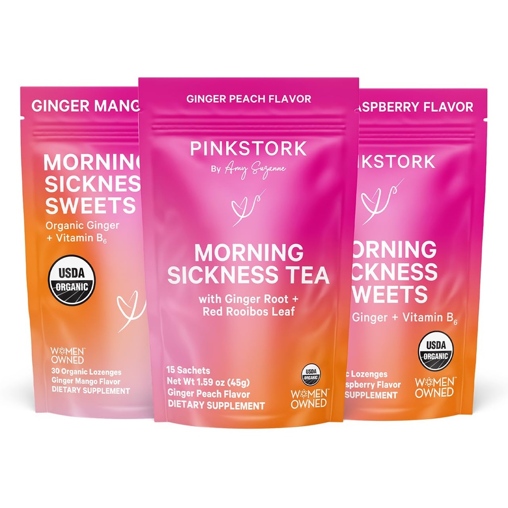 Pink Stork Morning Sickness Relief Kit – 3 Piece Bundle con té de jengibre orgánico, B6 Sweets, Ginger Lozenges – Apoyo al embarazo, Primer Trimester Essentials, Gift for Pregnant Women