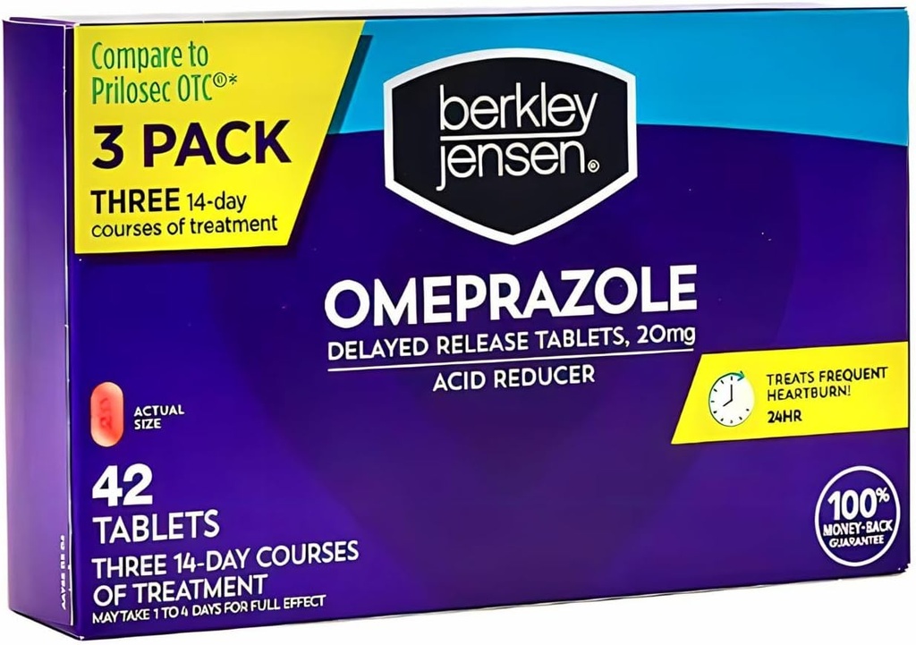 berkley jensen Omeprazole 20 mg Tablas de liberación retrasada - Heartburn Medicine- Acid reducer Pills - Treats Frequent Heartburn - 3 x 14-Day Courses, 42 Count Total (Pack of 1)