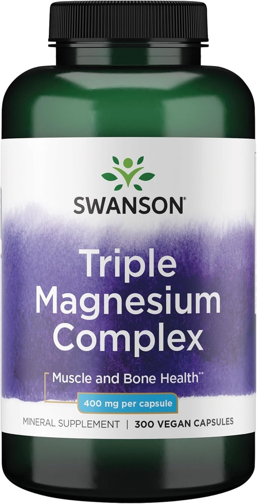 Complejo Triple de Magnesio Swanson - Suplemento Magnesio para Cerebro, Energía, Hueso, Estrés, Muscle &amp; Sleep Support* - Contiene Magnesio Aspartate, Citrate & Oxide - 300 cápsulas Vegan