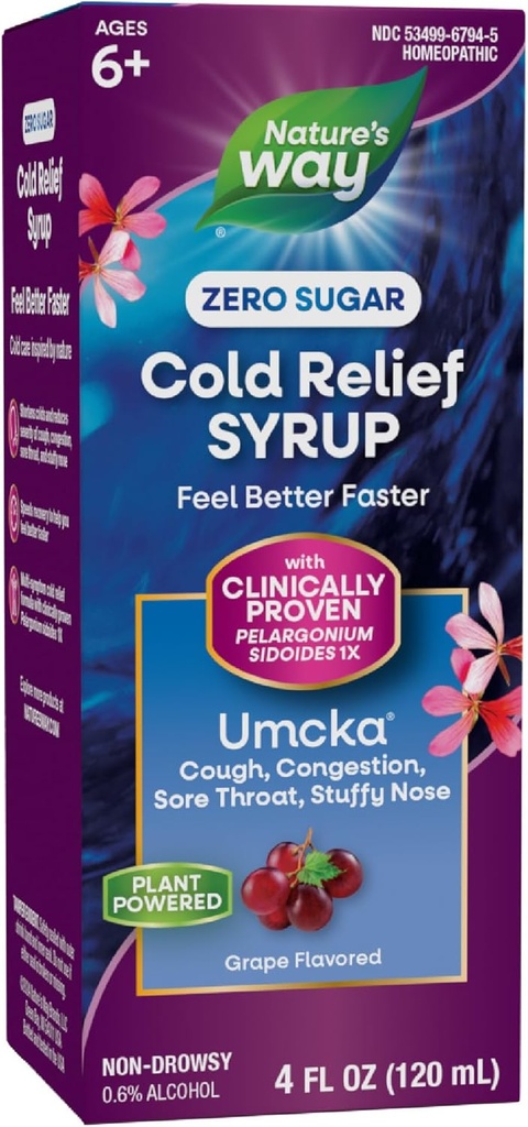Manera de la naturaleza Alivio frío Zero Sugar Syrup, Umcka, Homeopathic, Shortens Colds, Sore Throat, Cough, Congestion, and Stuffy Nose, Phenylephrine Free, Grape Flavored, 4 Fl Oz (Packaging May Vary)