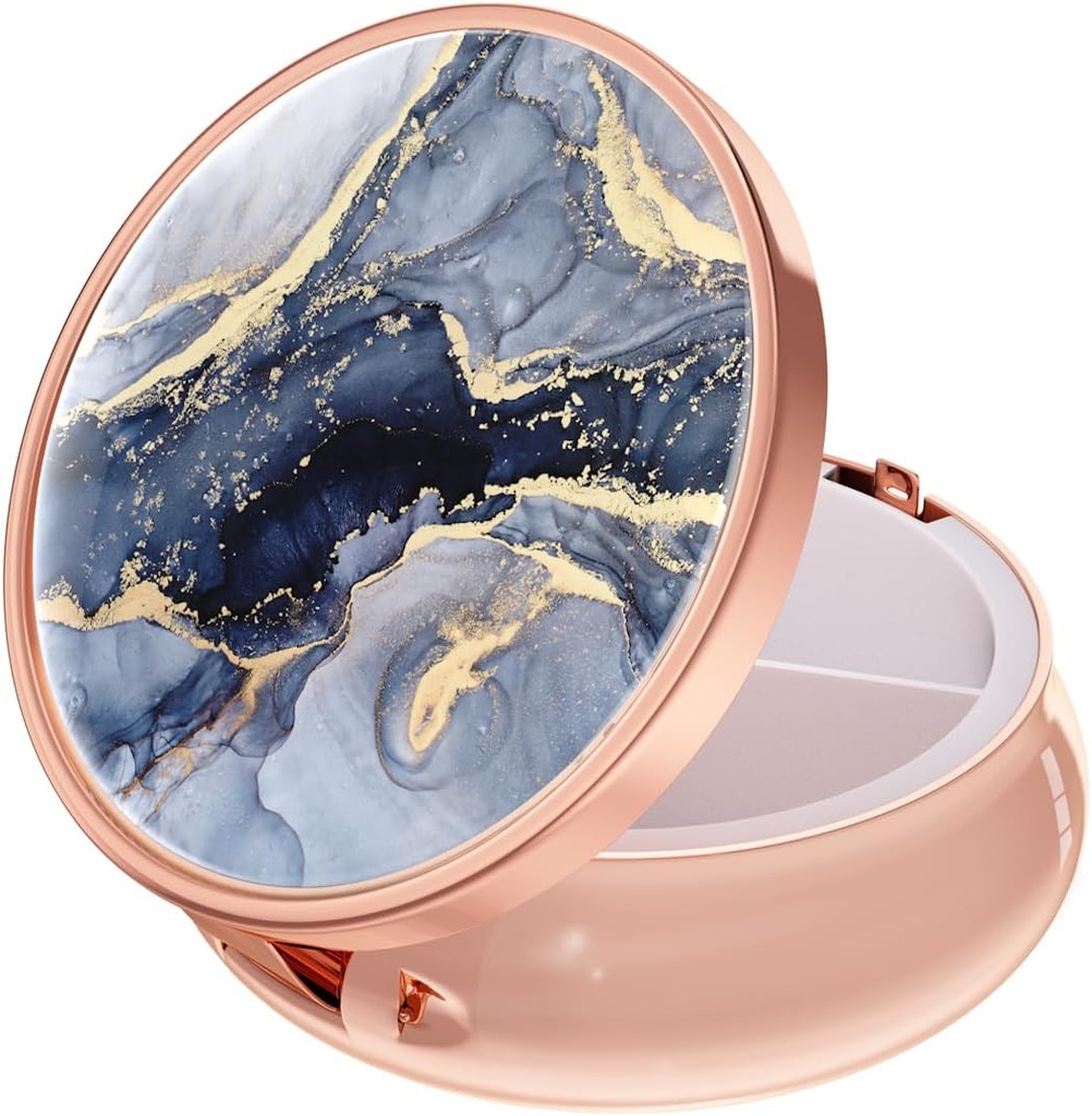 Rouidr Pill Box, 3 Compartment Medicine Pill Case, Small Metal Travel Medicine Box for Purse & Pocket, Rose Gold, Dark Grey Marble