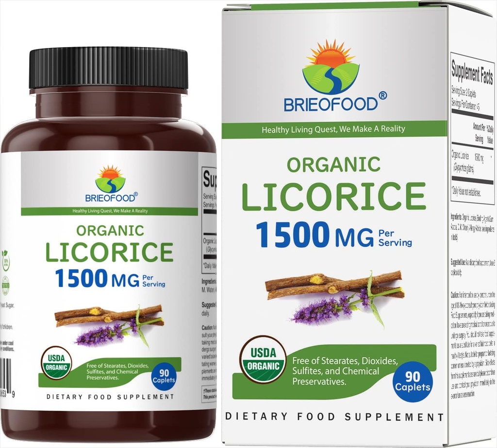 Brieofood Orgánica Licorice 1500mg, 45 Servimientos, Vegetariano, Gluten Gratis, 90 Tabletas Vegetarianas