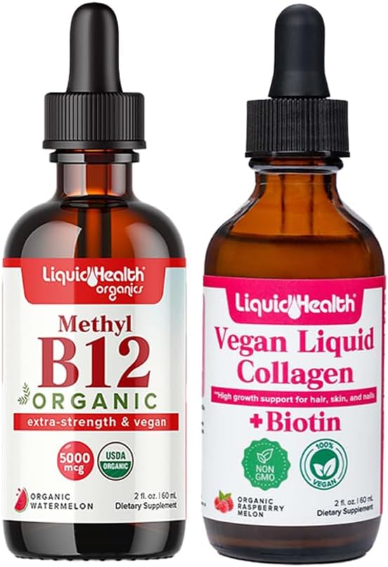 LIQUIDHEALTH Organic Methyl B12 5000mcg Vitamin Drops with Tart Cherry Juice & 100% Vegan Plant-Based Collagen Plus Biotin Drops - Natural Energy Boost, Mejorar Focus, Pelo &amp; Crecimiento de uñas, Skin Health