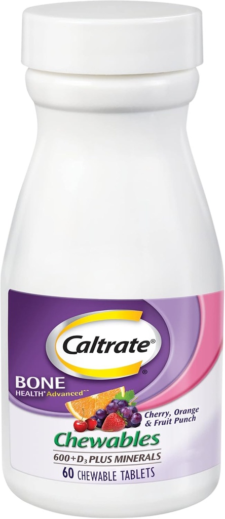Caltrato Chewables 600 más D3 Plus Minerales Calcio Vitamina D Suplemento, Cereza, Naranja y Fruta Punch - 60 Cuenta