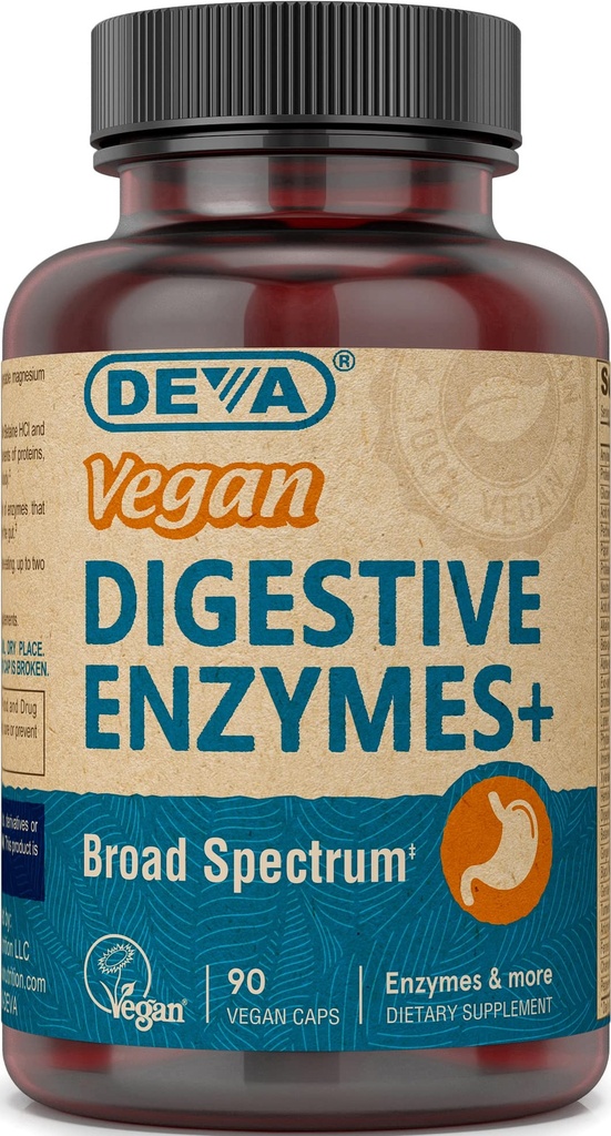 DEVA Vitaminas Veganas Enzimas Digestivos Plus Suplemento - Unico Blend de Enzimas & Herbs - 90 cápsulas, 1-Pack
