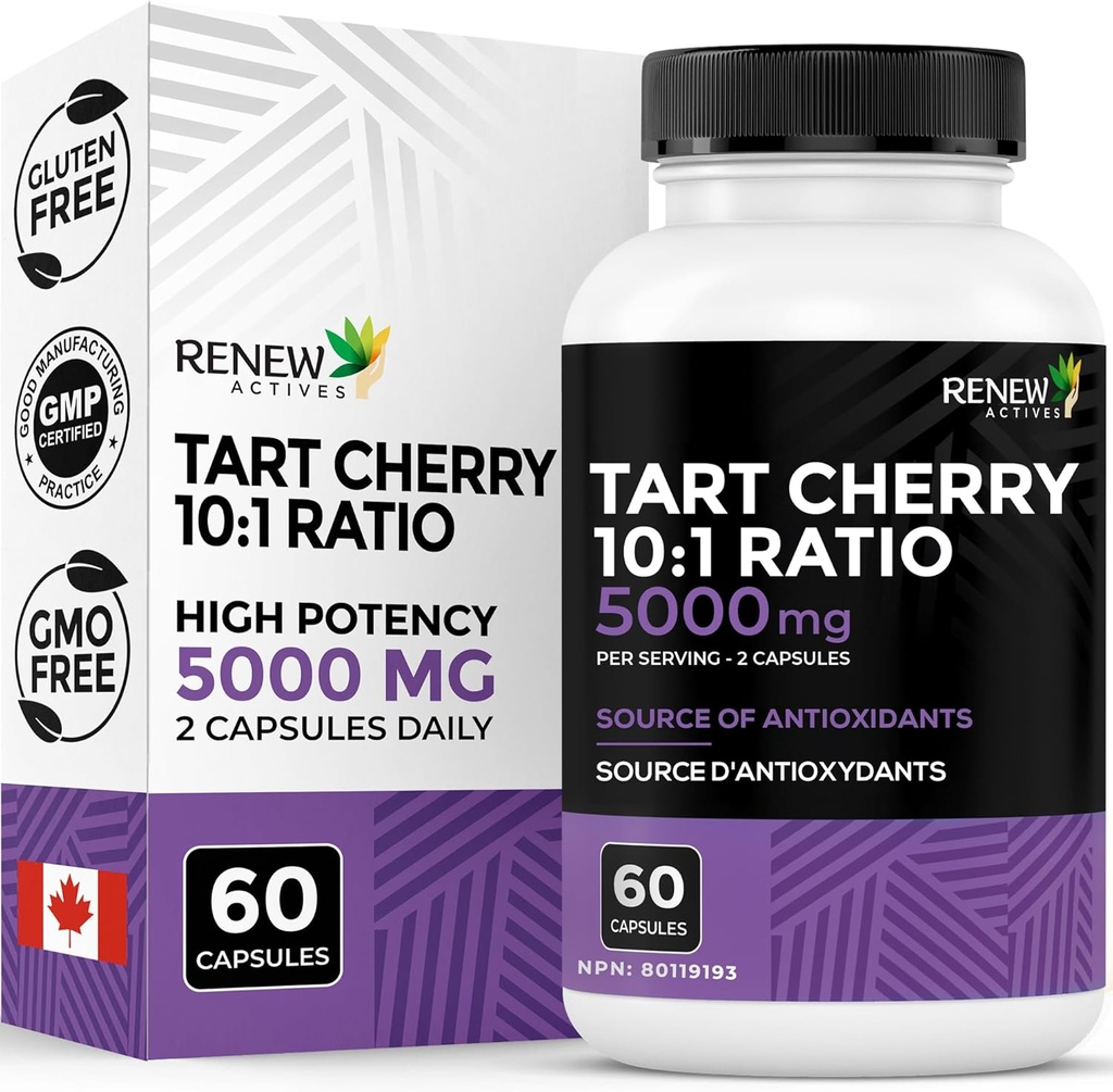 Renew Actives Tart Cherry Extra 500mg por 2 cápsulas – Antioxidante de alta potencia para la protección radical gratuita y bienestar – 60 cápsulas fáciles de cambiar – Made in Canada
