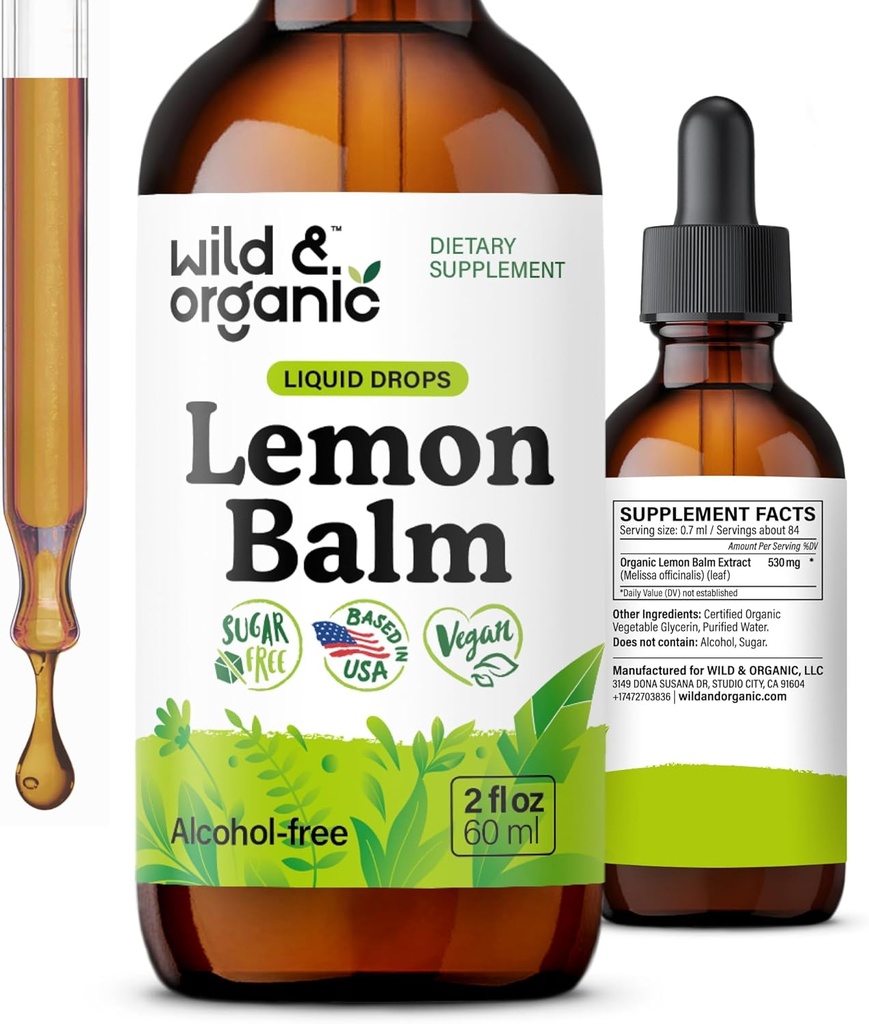 Wild &amp; Organic Lemon Balm Drops - Relaxing Lemon Balm Leaf Extract Suplemento - Calming Melissa Officinalis Tincture - Vegan, Azúcar &amp; Alcohol-Free - 2 fl oz