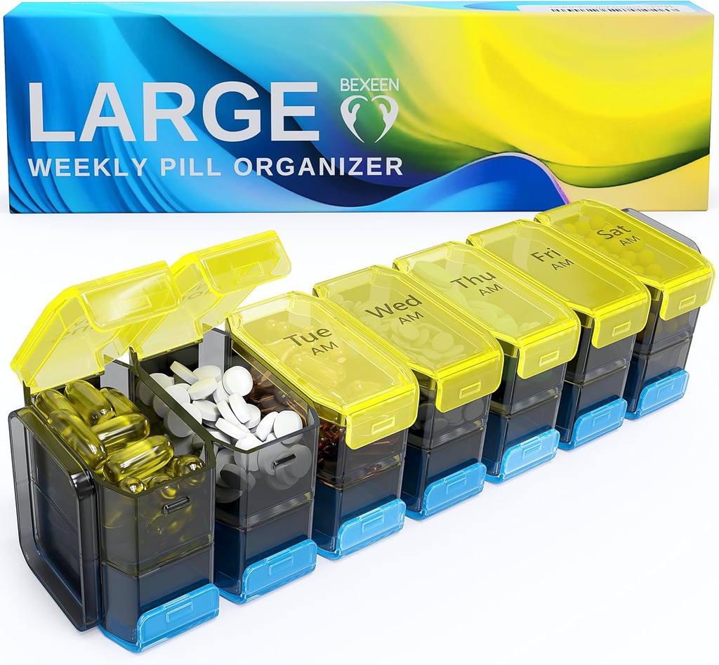 Extra Large Pill Organizer 2 Times a Day – XL Pill Box 7 Day with Big AM/PM Compartments – Fits Large Vitamins, Supplements & Gummies, for 7 or 14-Day Use, Color-Coded, Senior-Friendly, No Spills