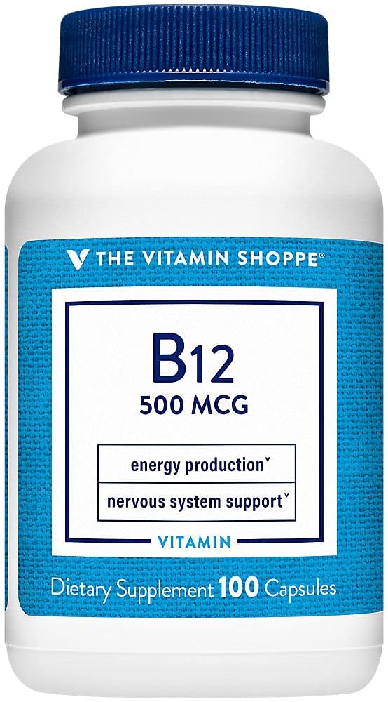 La vitamina Shoppe Vitamina B12 500mcg - Apoya la producción de energía, una vez suplemento dietético diario - Vitamina B-12 (Como Cyanocobalamin), Gluten " Dairy Free (100 cápsulas)