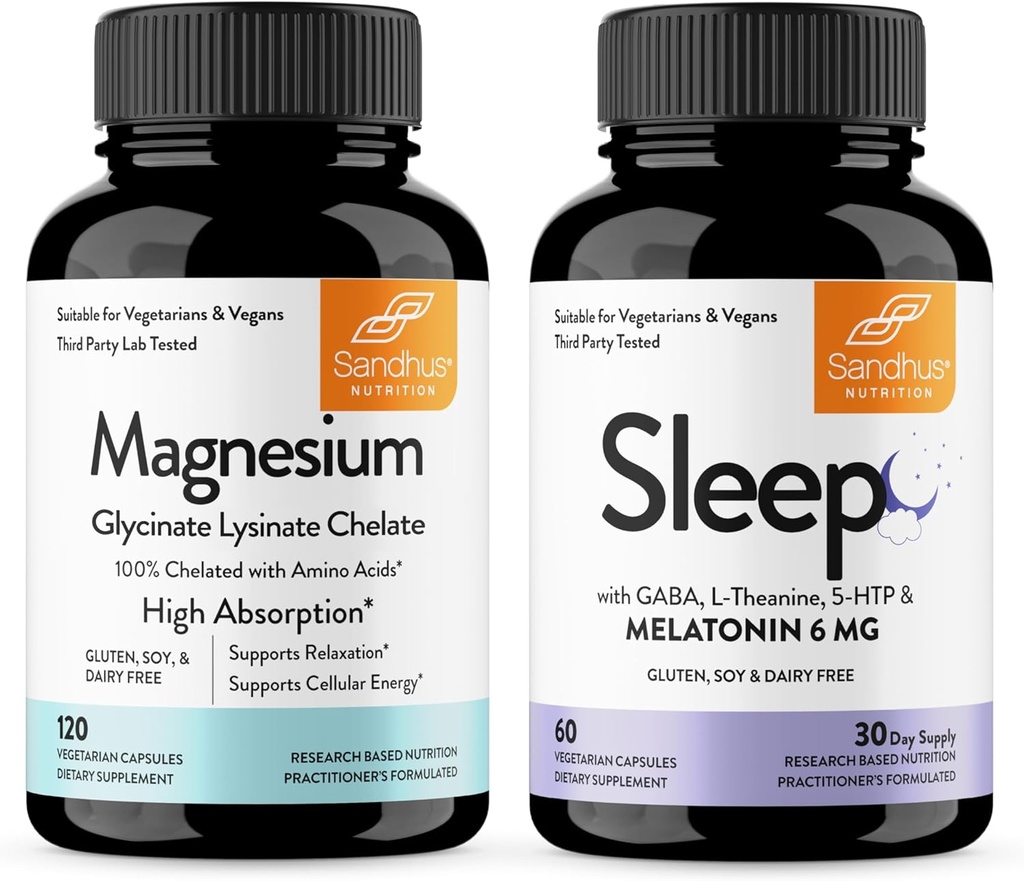 Sandhu's Magnesium Glycinate Lysinate Easy to Swallow 120 Capsules & Sleep 60 Capsules –Non-Habit Forming 5-in-1 Sleep Aid Complemento permanente Apoyos Restablecer el sueño, el musculo y la salud del corazón ← Made in USA