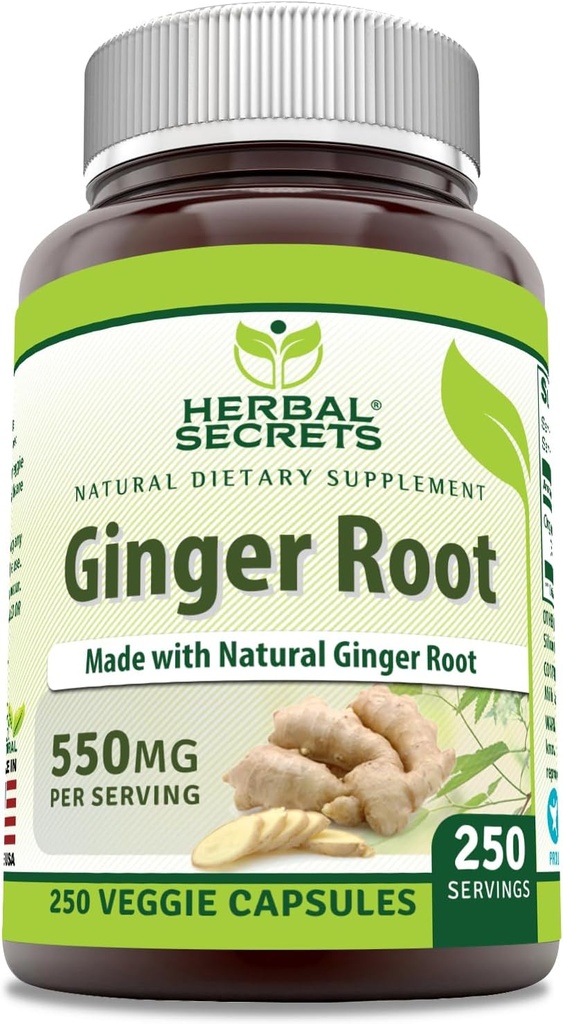 Herbal Secrets Ginger Root 550 mg Por Serving, 250 Veggie Capsules Suplemento ← Non-GMO Silencio Gluten Free ← Made in USA