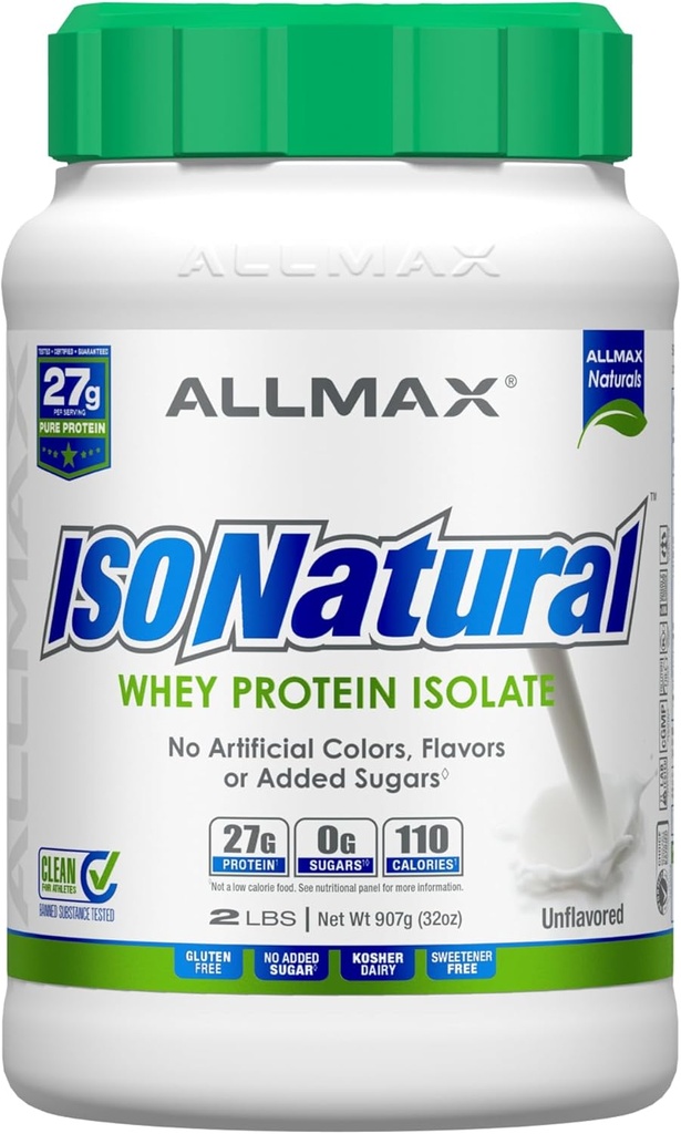 ALLMAX Nutrition ISONATURAL Whey Protein Isolate, Unflavored - 2 lb - 27 Gramos de Protein Por Scoop - Zero Fat & Sugar - 99% Lactose Gratis - con Prebióticos - Sin Sabores Artificiales - 31 Servimientos