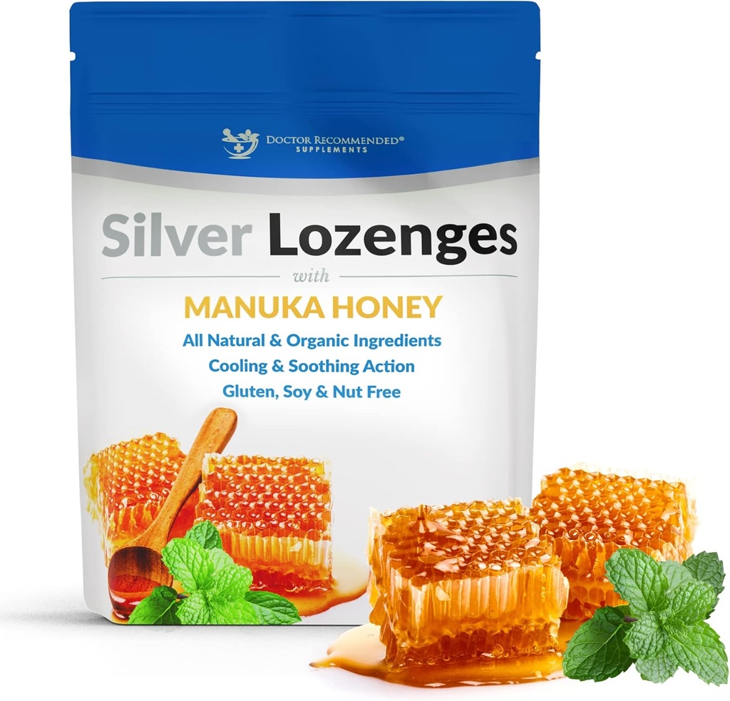 Lozenges de plata con miel de manuka orgánica y vitamina C - Nano todo natural plata 45-50mg de 60 PPM Colloidal Plata Mineral gotas para soportar el sistema inmunológico, calmar, tos fresca y garganta, 24-Lozenges