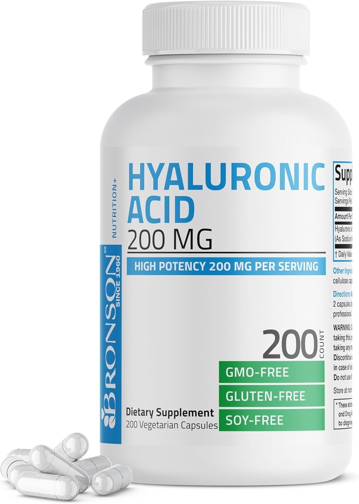 Bronson Hyaluronic Acid 200 MG High Potency Joint Health & Healthy Skin Support, Non-GMO, 200 cápsulas vegetarianas