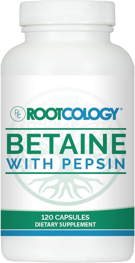 Rootcology by Dr. Izabella Wentz ANTE Betaine with Pepsin TEN 750mg Betaine HCl with 50mg Pepsin for Digestion Support ← 120 Capsules