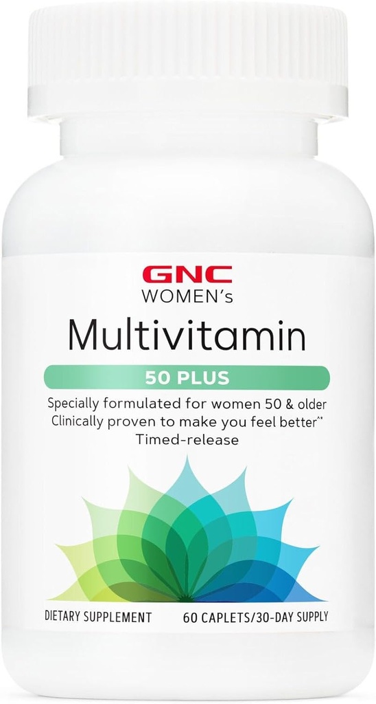 Multivitamina de mujeres GNC 50 Plus, apoya la salud de huesos, ojos, memoria, cerebro y piel con vitamina D, calcio y B12, ayuda a aumentar la producción de energía, 60 cápsulas