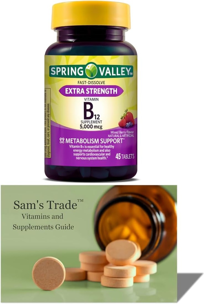 Spring Valley Vitamina B12   Fast Dissolve Tablets Suplemento dietético Vida Vitamina B12 5000 mcg SilencioB Vitaminas SilencioVitamin B12 Complejo para Mujeres y Hombres TEN45 Tablets soporta Mixed Berry Flavor + Sam's T. Guía de vitaminas