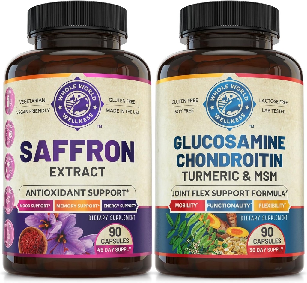 Pure Saffron Extract &amp; Advanced Joint Support Bundle (One Bottle each). Apoya Mood, Energy Boost, Metabolic Function y Joint Health. USA Made.