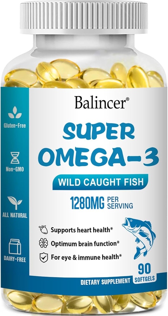 Omega 3 Fish Oil Supplements, 1280 mg Omega-3 Fatty Acids Including EPA and DHA, Wild-Caught Burpless Fish Oil Supplements Supports Heart, Brain and Eye Health, 90 Softgels
