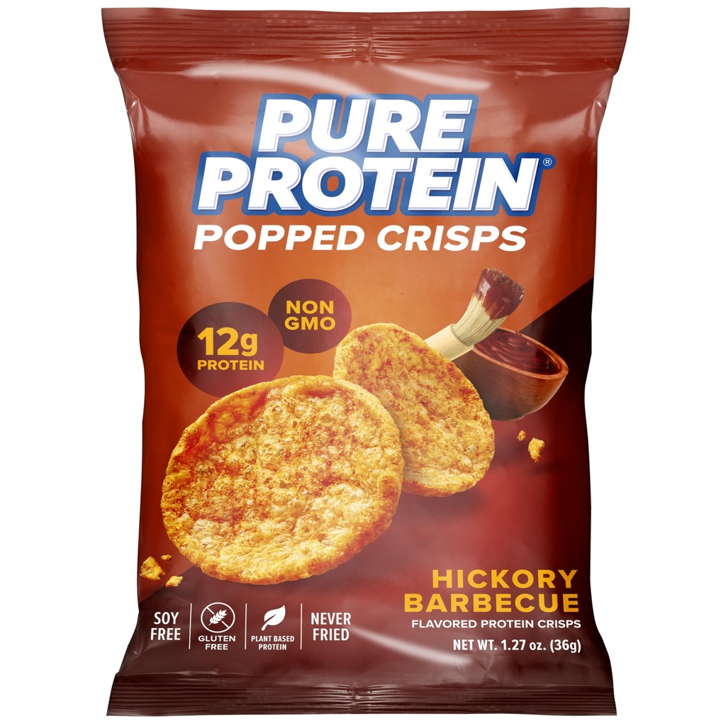 Pure Protein Hickory Barbecue Popped Crisps - 12g Plant Based Protein, Gluten Free, Non GMO, Vegan, Air Popped & Puffed Crisps – Healthy Protein Snacks – 12 Pack