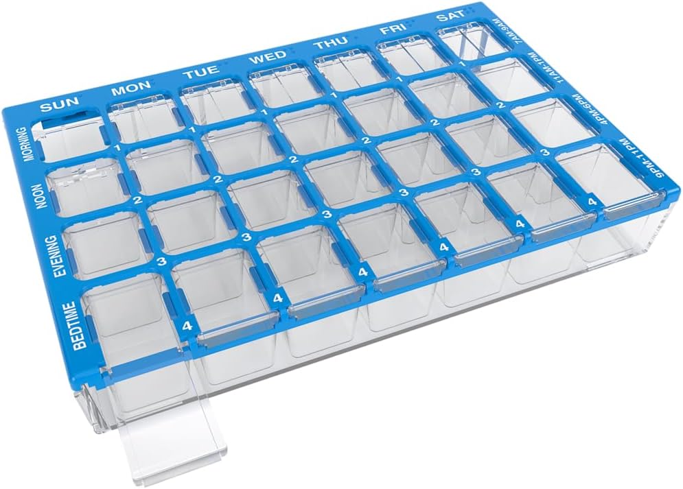 EZY DOSE Pill Organizer Weekly (7-Day), Planner de Medicina, Caja de Vitamina, Pequeños Compartimientos con Easy Fill Tray Case, 4 veces al día, Fácil de Usar Containers, Lids Claras, Azul, BPA Gratis