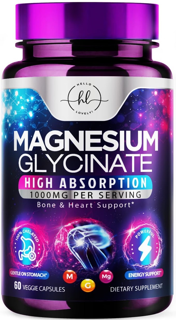 Magnesium Glycinate 1000mg - High Absorption " Chelated to Support Bone, Muscle, Nerves " Heart Health - Natural Sleep " Stress Support Women " Hombres - Vegan, Gluten " Soy Free, Non-GMO - 60 cápsulas
