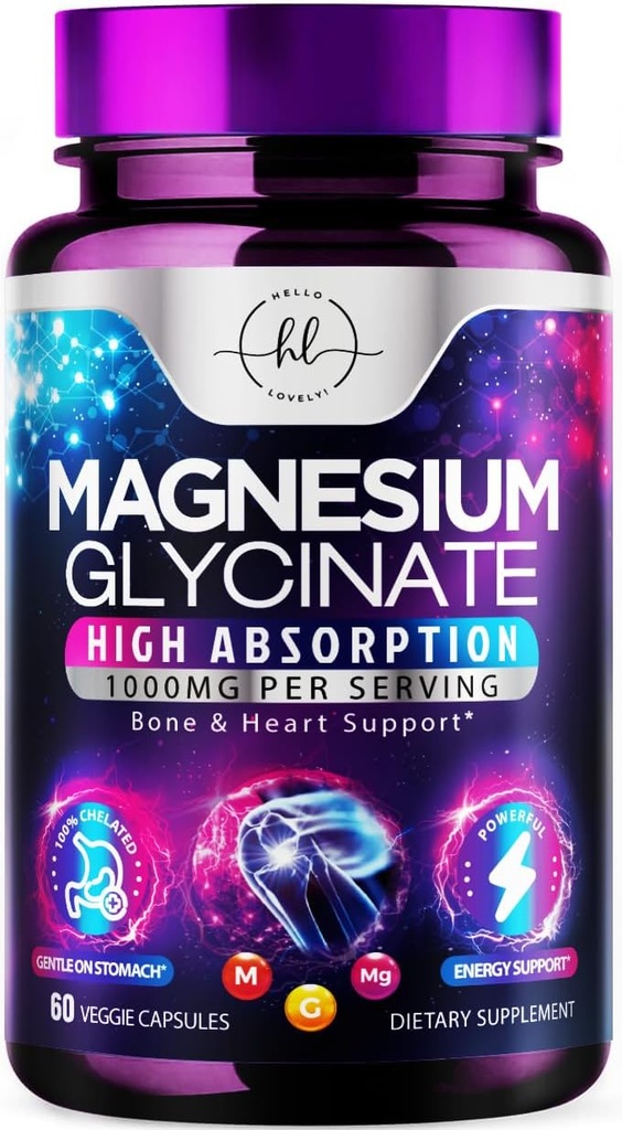 Magnesium Glycinate 1000mg - High Absorption " Chelated to Support Bone, Muscle, Nerves " Heart Health - Natural Sleep " Stress Support Women " Hombres - Vegan, Gluten " Soy Free, Non-GMO - 60 cápsulas